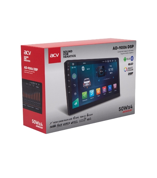 Автомагнитола ACV AD-9006DSP, 2 DIN, 9', Android 13, Bluetooth, USB Type-A, AUX, GPS, 4G, CarPlay