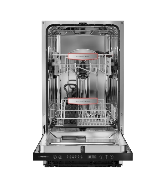 Встраиваемая посудомоечная машина Kuppersberg GHS 4520, High-Tech, 45 см, 10 комплектов, 6 программ, 3 корзины, конденсационная сушка, полная защита от протечек, индикатор отсутствия соли и ополаскивателя, отображение времени мытья, сенсорное управление, самодиагностика неисправностей, защита от детей, уровень шума 49 дб, энергоэффективность А
