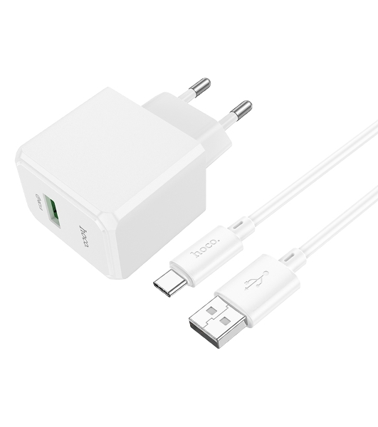Зарядное устройство Hoco 18Вт, 3А, QC3.0, 1xUSB + кабель USB/Type-C, CS12A, белый, блистер