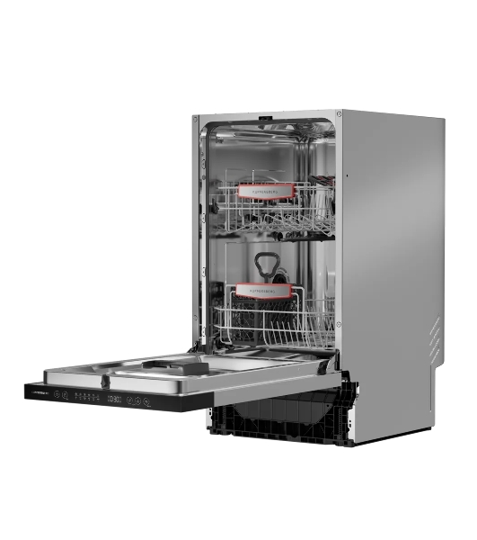 Встраиваемая посудомоечная машина Kuppersberg GHS 4520, High-Tech, 45 см, 10 комплектов, 6 программ, 3 корзины, конденсационная сушка, полная защита от протечек, индикатор отсутствия соли и ополаскивателя, отображение времени мытья, сенсорное управление, самодиагностика неисправностей, защита от детей, уровень шума 49 дб, энергоэффективность А