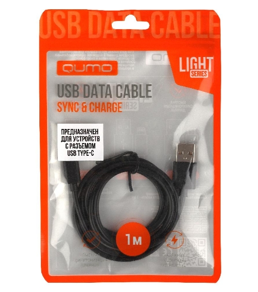 Кабель Qumo light series, USB-Type C, 1м, 5В, 1A, опл. PVC, кон. PVC, круглый, черный