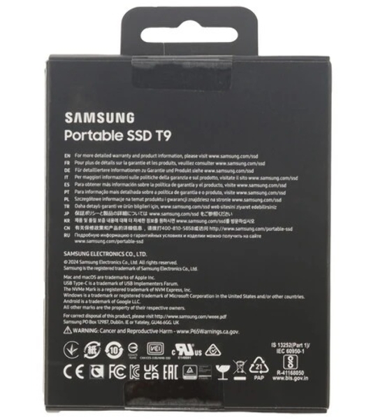 Внешний SSD Samsung T9, 1TB, USB 3.2 Gen 2x2 Type-C, R/W 2000/1950, черный