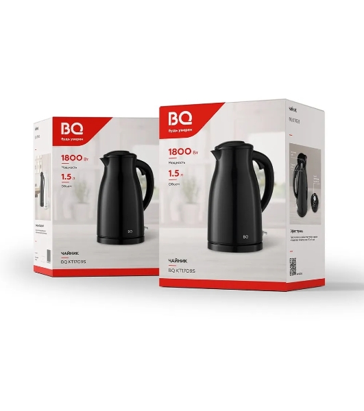 Электрочайник BQ KT1709S черный, 1.5 л, 1800 Вт, скрытый нагревательный элемент