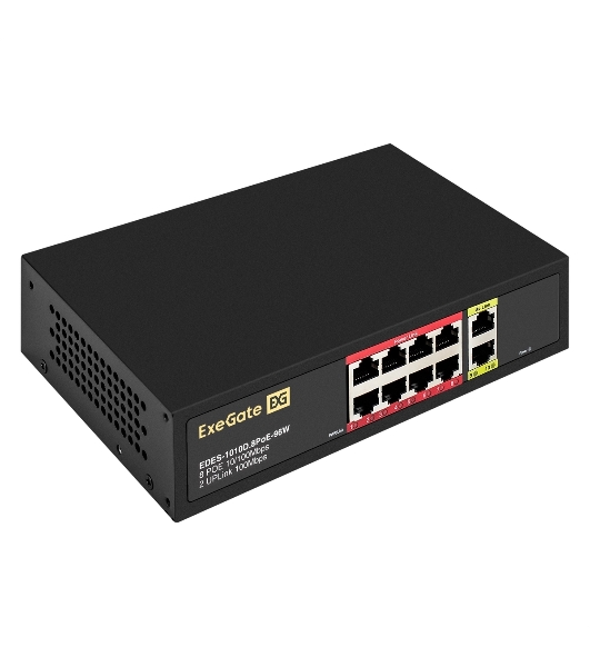 Коммутатор ExeGate EDES-1010D.8PoE-96W, 8×100 Мбит/с PoE + 2×100 Мбит/с, неуправляемый