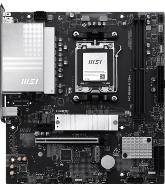 Материнская плата MSI PRO B850M-B GEN4, AM5, AMD B850, 2xDDR5 (до 128 ГБ), 4xSATA, 2xM.2 (1xPCIe 5.0, 1xPCIe 4.0), 1xPCIe 4.0 x16, 1xPCIe x1, 1xHDMI, 1xDP, 1x2.5Gb LAN, 1xUSB-C 5Gbps, 3xUSB-A 5Gbps, 2xUSB-A 2.0, 3x3.5 мм, 7.1, чёрный/серебристый, mATX