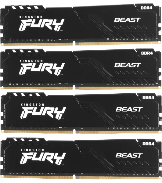 Оперативная память Kingston Fury Beast, DDR4, 64GB (4x16GB), 3600MHz, CL18, DIMM, радиатор, черный