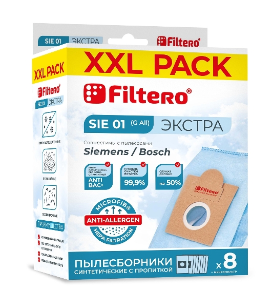 Комплект пылесборников Filtero SIE 01 XXL PACK Экстра, пятислойные, 8 шт., для пылесосов Bosch, SIEMENS, CONTI, KARCHER, SHIVAKI, Ufesa
