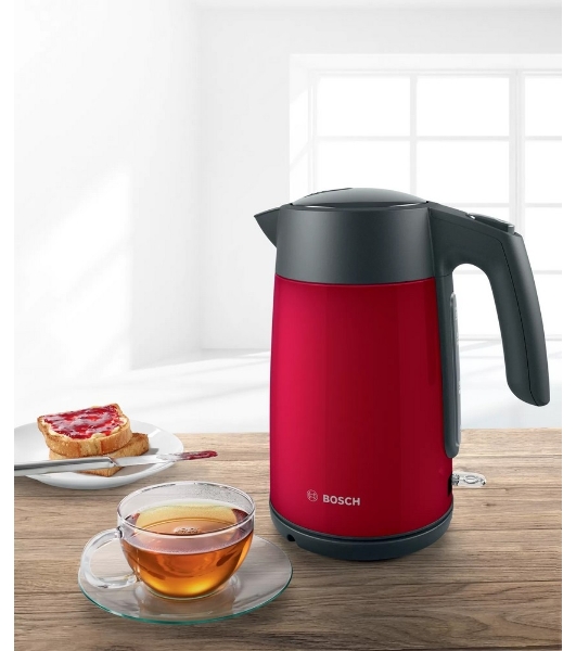 Чайник электрический Bosch TWK7L464 1.7 л, 2400 Вт., нерж.сталь, покрытая эмалью, красный, шкала уровня воды