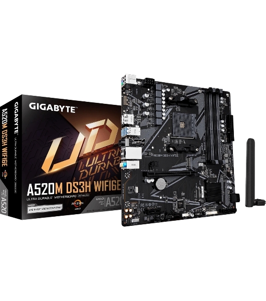 Материнская плата Gigabyte A520M DS3H WIFI6E, AM4, AMD A520, 4xDDR4, 4xSATA, 1xM.2, 1xPCIe 3.0 x16, 1xPCIe 3.0 x1, 1xHDMI, 1xDP, 1x1Gb LAN, Wi-Fi 6E, Bluetooth 5.3, 4xUSB-A 5Gbps, 4xUSB-A 2.0, 1xPS/2, 3x3.5 мм, 7.1, mATX