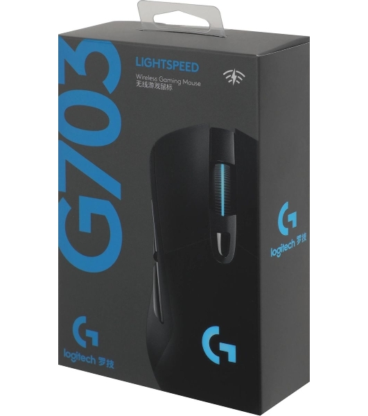 Мышь игровая Logitech G703 Lightspeed черная, сенсор 100-25600dpi (Hero25K), беспроводная 2.4GHz + USB 1,8м, 5 программируемых кнопок + колесо прокрутки, RGB-подсветка, под правую руку