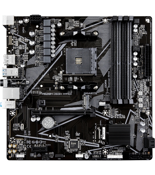 Материнская плата Gigabyte A520M DS3H WIFI6E, AM4, AMD A520, 4xDDR4, 4xSATA, 1xM.2, 1xPCIe 3.0 x16, 1xPCIe 3.0 x1, 1xHDMI, 1xDP, 1x1Gb LAN, Wi-Fi 6E, Bluetooth 5.3, 4xUSB-A 5Gbps, 4xUSB-A 2.0, 1xPS/2, 3x3.5 мм, 7.1, mATX