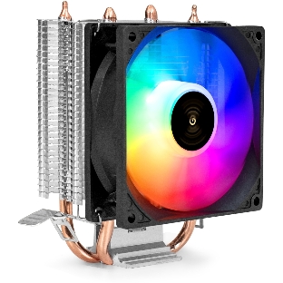 Кулер ExeGate Wizard EXX200-PWM.RGB (Al+Cu, 2 тепл.трубки, LGA775/1150/1151/1155/1156/1200/1700/1851/AM2/AM2+/AM3/AM3+/AM4/AM5/FM1/FM2/754/939/940, TDP 95W, Fan 90мм, PWM, 800-2400RPM, Hydro bearing, 4pin, 11-24db, 305г, RGB подсветка, с термопастой, на защелках, RTL)