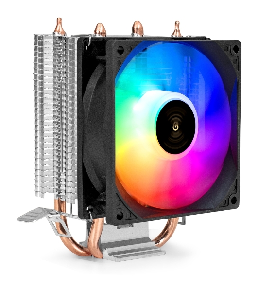 Кулер ExeGate Wizard EXX200-PWM.RGB (Al+Cu, 2 тепл.трубки, LGA775/1150/1151/1155/1156/1200/1700/1851/AM2/AM2+/AM3/AM3+/AM4/AM5/FM1/FM2/754/939/940, TDP 95W, Fan 90мм, PWM, 800-2400RPM, Hydro bearing, 4pin, 11-24db, 305г, RGB подсветка, с термопастой, на защелках, RTL)
