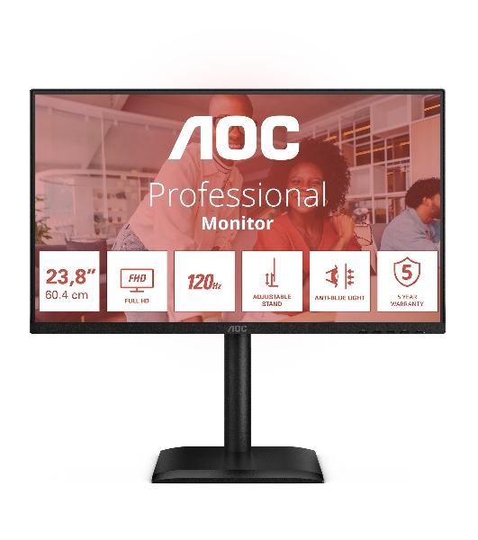 Монитор 23.8' AOC 24E4CV IPS 1920x1080, 120 Гц, 4 мс, 16:9, 300 кд/м², HDMI, DP 1.4, USB-C (90 Вт), 4xUSB 3.2, 3.5 Jack, USB Hub (4x USB 3.2), HDR10, Adaptive-Sync, черный