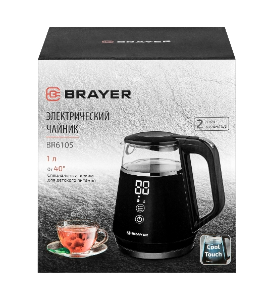 Электрочайник BRAYER BR6105 черный, 1.0 л, 1100 Вт, скрытый нагревательный элемент, поддержание температуры