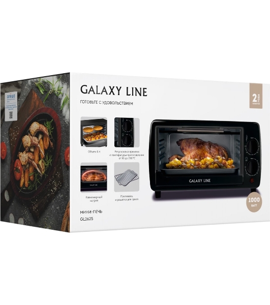 Мини-печь Galaxy Line GL 2625, черный, 8 л, 1000 Вт, таймер на 60 минут, индикатор работы, автоотключение