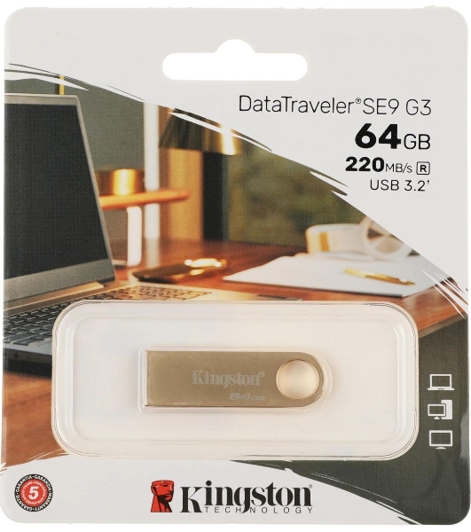 Флешка USB Kingston DataTraveler SE9 G3 (DTSE9G3/64Gb), 64Gb, USB 3.2 Gen 1, R/W 220/100, золотистый
