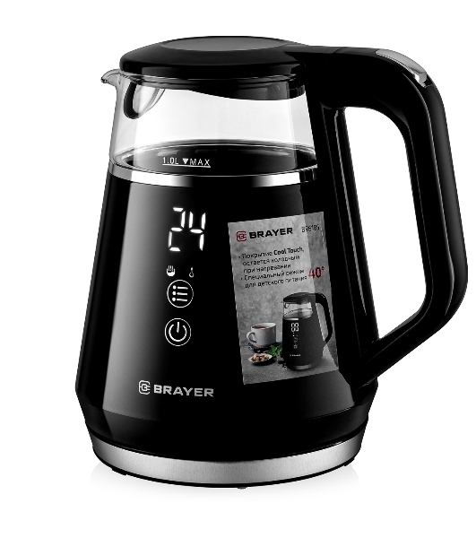 Электрочайник BRAYER BR6105 черный, 1.0 л, 1100 Вт, скрытый нагревательный элемент, поддержание температуры