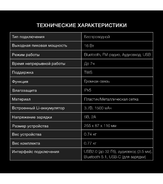 Колонка портативная Hyundai H-PS1020 черный 16W 2.0 BT 10м 1500mAh