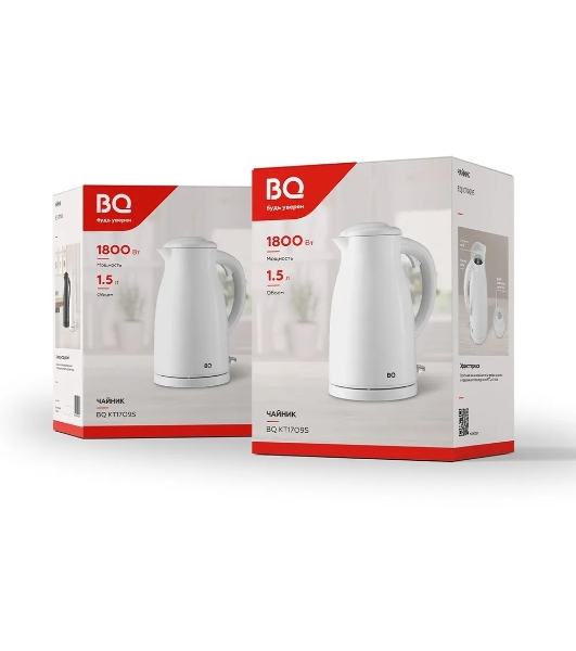 Электрочайник BQ KT1709S белый, 1.5 л, 1800 Вт, скрытый нагревательный элемент