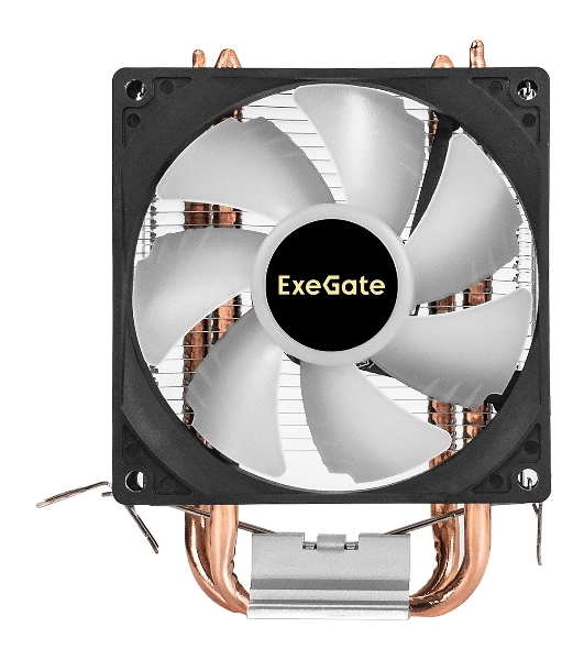 Кулер ExeGate Wizard EXX200-PWM.RGB (Al+Cu, 2 тепл.трубки, LGA775/1150/1151/1155/1156/1200/1700/1851/AM2/AM2+/AM3/AM3+/AM4/AM5/FM1/FM2/754/939/940, TDP 95W, Fan 90мм, PWM, 800-2400RPM, Hydro bearing, 4pin, 11-24db, 305г, RGB подсветка, с термопастой, на защелках, RTL)