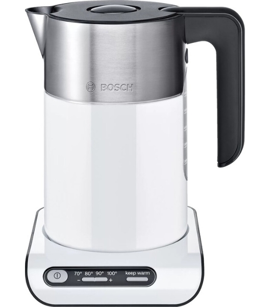 Электрочайник Bosch TWK8611P белый/серебристый, 1.5 л, 2400 Вт, скрытый нагревательный элемент, поддержание температуры