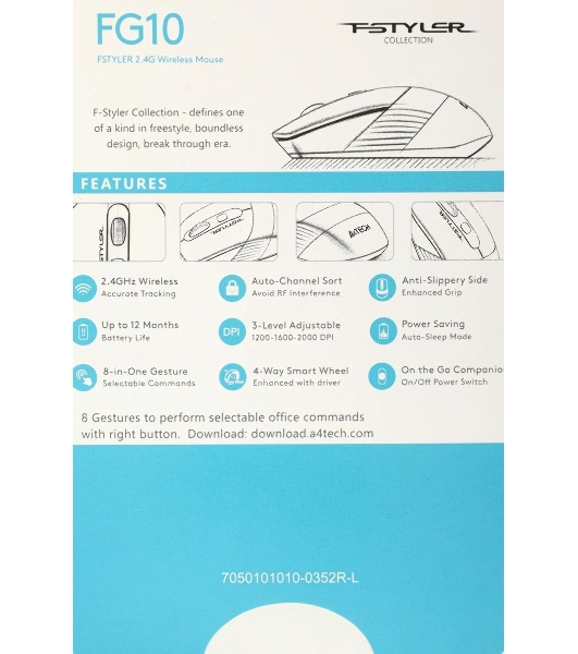 Мышь беспроводная A4Tech Fstyler FG10 черный/синий, 2000 dpi, радиоканал, USB, кнопки - 4