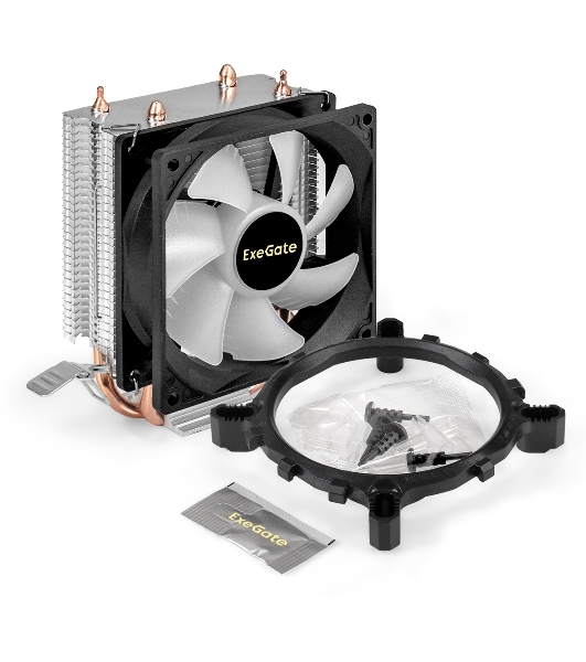 Кулер ExeGate Wizard EXX200-PWM.RGB (Al+Cu, 2 тепл.трубки, LGA775/1150/1151/1155/1156/1200/1700/1851/AM2/AM2+/AM3/AM3+/AM4/AM5/FM1/FM2/754/939/940, TDP 95W, Fan 90мм, PWM, 800-2400RPM, Hydro bearing, 4pin, 11-24db, 305г, RGB подсветка, с термопастой, на защелках, RTL)