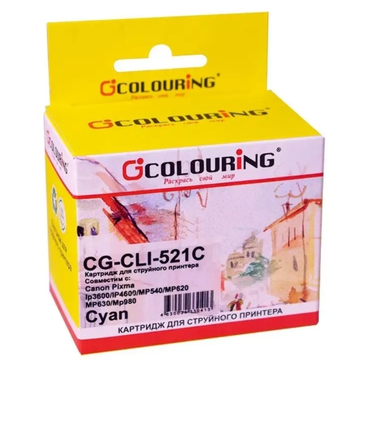Картридж струйный Colouring CG-CLI-521C голубой с чипом водный (9 мл) для Canon IP3600/IP4600/MP540/MP550/MP620/MP630/MP980