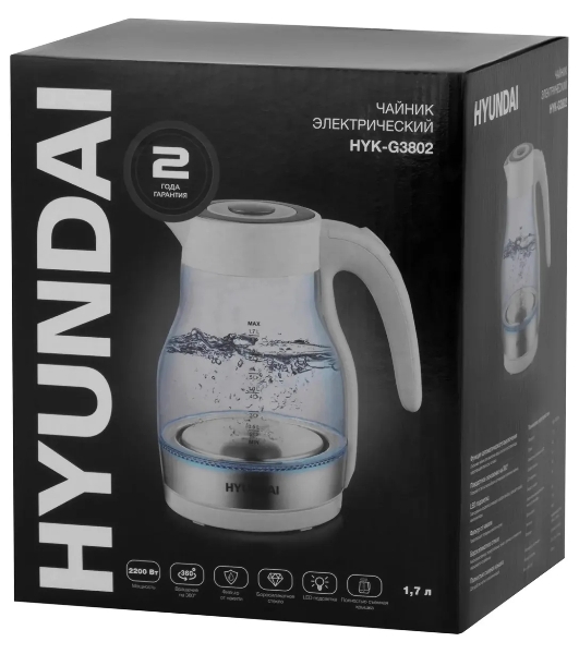 Чайник электрический Hyundai HYK-G3802 1.7 л, 2200 Вт, белый/серебристый (корпус: стекло)