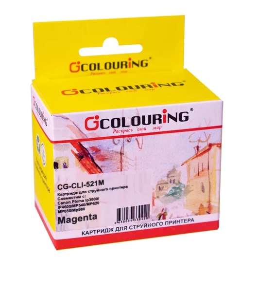 Картридж струйный Colouring CG-CLI-521M пурпурный с чипом водный (9 мл) для Canon IP3600/IP4600/MP540/MP550/MP620/MP630/MP980