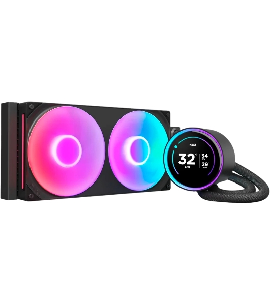 Система жидкостного охлаждения для ПК/Water Cooling System NZXT Kraken Elite 280 RGb (250W, 280мм, LED temp., Black/Fans: 2x140мм, 98.61CFM, 34.5dBA, 2000RPM/Pump height 65мм, 2800RPM, Rad thickness 27мм/S: 1851, 1700, 1200, 115X, AM5, AM4)