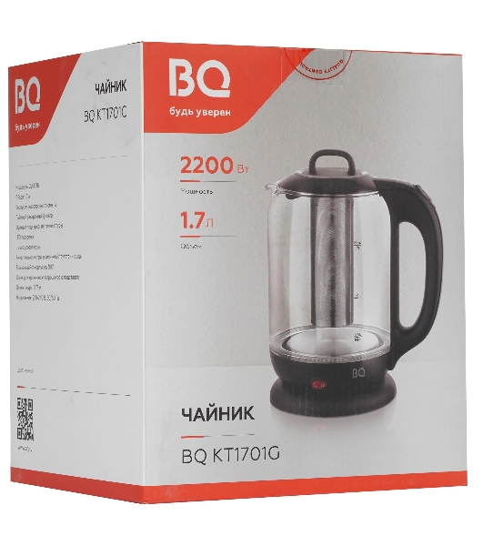 Электрочайник BQ KT1701G черный, 1.7 л, 2200 Вт, скрытый нагревательный элемент, поддержание температуры
