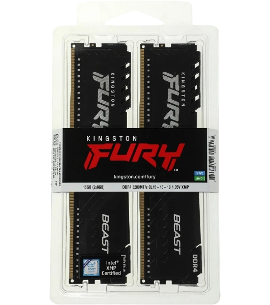 Оперативная память Kingston Fury Beast Black, DDR4, 16GB (2x8GB), 3200 MHz, CL16, с радиатором, чёрный