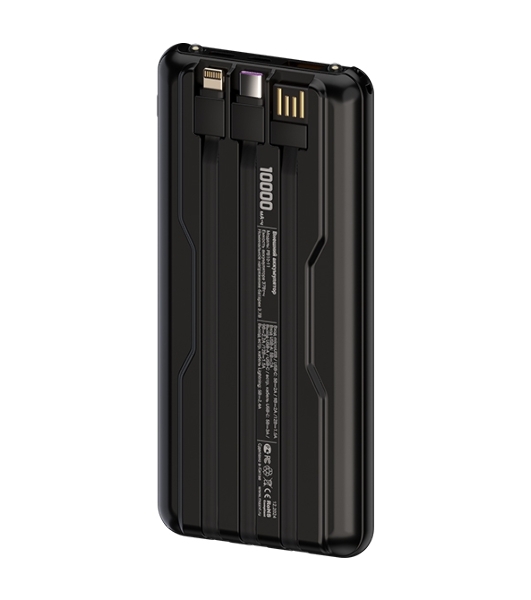 Внешний аккумулятор Maxvi PB10-11 10000 мАч черный 3A, встроенные кабели USB A/Type-C/Lightning