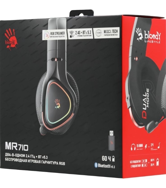 Гарнитура Bloody MR710 чёрный, беспроводная + проводная, Bluetooth, до 44 ч, подсветка