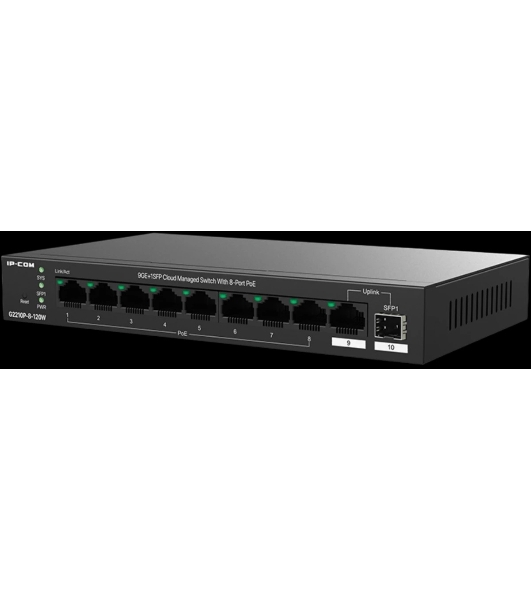 Коммутатор управляемый IP-COM G2210P-8-120W PoE, 10 портов, 9x1 Гбит/с, SFP 1x1 Гбит/с, PoE 8x30Вт (до 110 Вт)