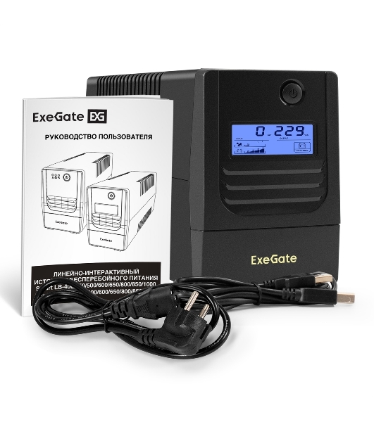 Источник бесперебойного питания ExeGate Smart LB-650.LCD.AVR.4C13.USB (650VA/390W, LCD, AVR, 4*C13, USB, батарея 12V 7Ah, черный)