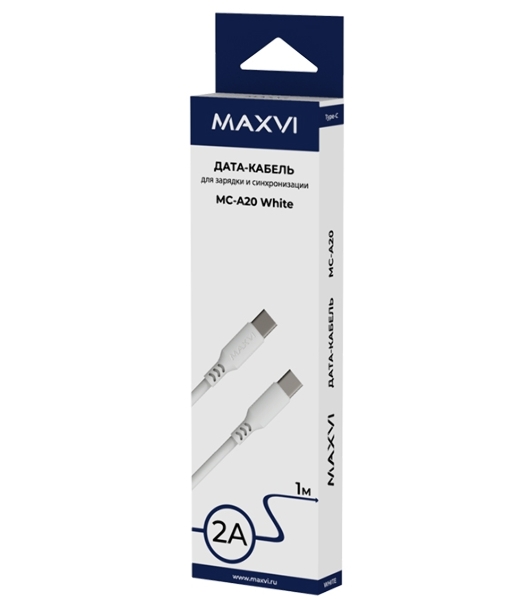 Кабель Maxvi MC-A20 white Type-C - Type-C, 2A ток макс. нагрузки 2А, макс. напряжение 5V, длина кабеля 1м, материал PVC, белый