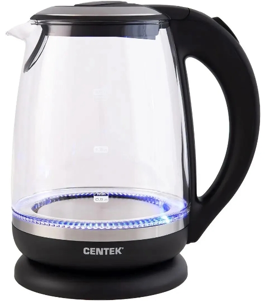 Электрочайник Centek CT-0015 черный/прозрачный, 2.0 л, 2200 Вт, скрытый нагревательный элемент