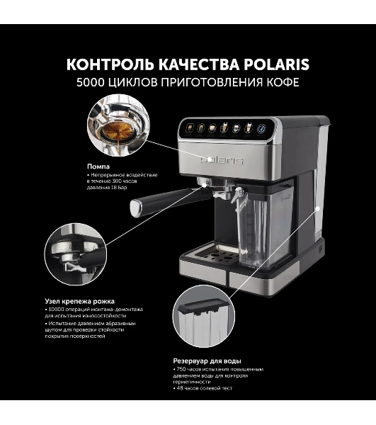 Кофеварка эспрессо Polaris PCM 1540 нержавеющая сталь, исп. кофе - молотый/капсулы, 1.8 л, 1400 Вт, 15 бар