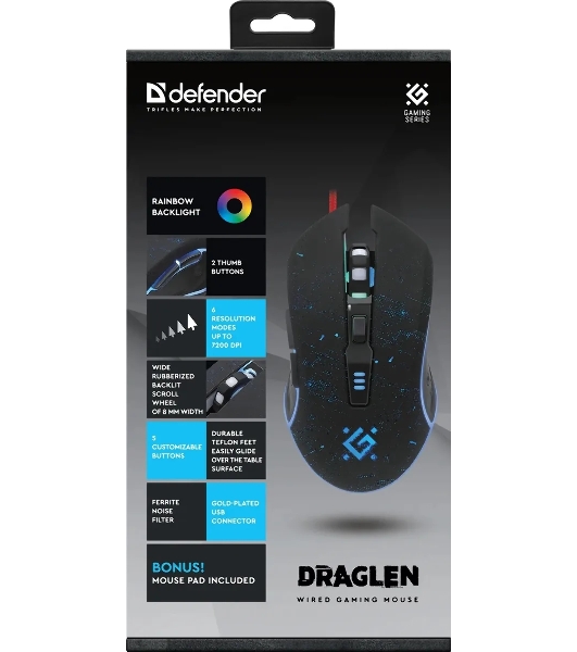 Мышь проводная Defender Draglen GM-907 черный, 7200 dpi, USB, кнопки - 6