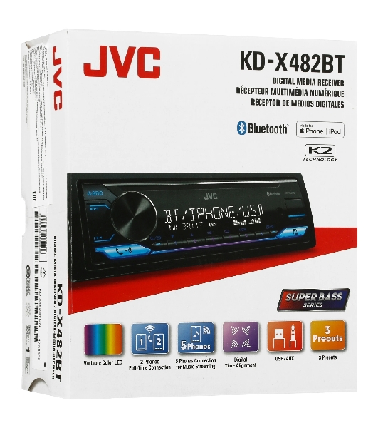 Автомагнитола JVC KD-X482BT, 1 DIN, Bluetooth, USB Type-A, AUX, съёмная панель