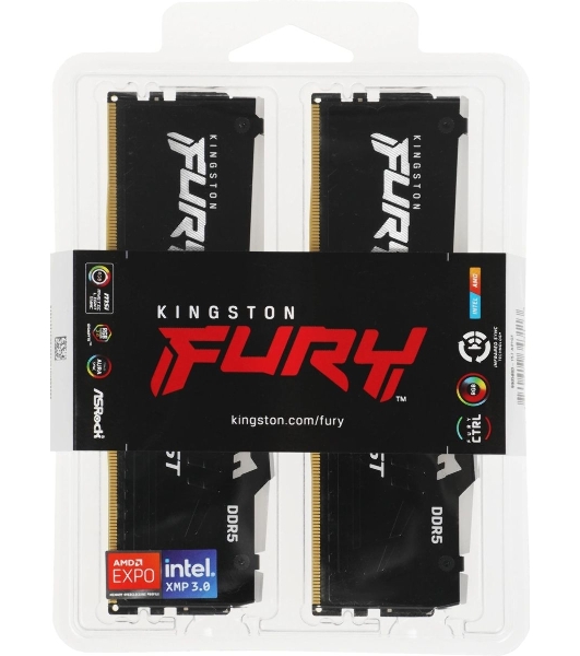 Оперативная память Kingston Fury Beast, DDR5, 32Gb (2x16 Gb), 6400 MHz, CL32, радиатор, RGB, черный