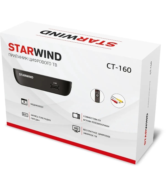 Приставка для цифрового ТВ Starwind CT-160 черный, DVB-T2, DVB-T, DVB-C, HDMI, USB 2.0 х2