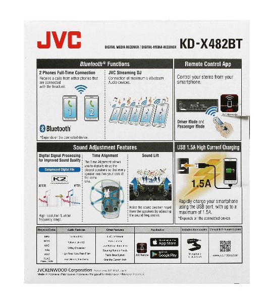Автомагнитола JVC KD-X482BT, 1 DIN, Bluetooth, USB Type-A, AUX, съёмная панель