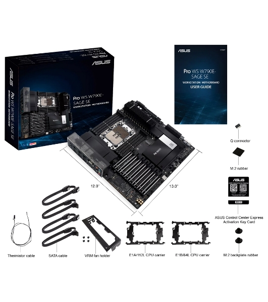 Материнская плата ASUS Pro WS W790E-SAGE SE, LGA4677, Intel W790, 8xDDR5 (ECC), 3xM.2, 2xSlimSAS, 8xSATA, 7xPCIe 5.0, 2x10Gb LAN, 1xUSB 3.2 Gen 2x2 (Type-C), 5xUSB 3.2 Gen 2 (Type-A + Type-C), 2xUSB 2.0, 5x3.5 мм, 7.1, EATX