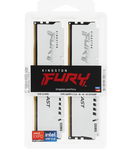 Оперативная память Kingston Fury Beast EXPO, DDR5, 32Gb (2x16 GB), 6400 MHz, CL32, радиатор, белый