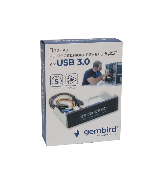 Планка USB 3.0 на переднюю панель 5.25' Gembird FP5.25-USB3-4A, 4xUSB-A 3.0, USB