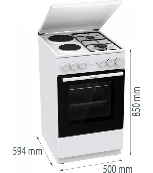 Плита комбинированная Gorenje GK5A12WG белый, конфорок 2 газовых и 2 электрических, духовка 68 л, 50 см x 85 см x 59.4 см